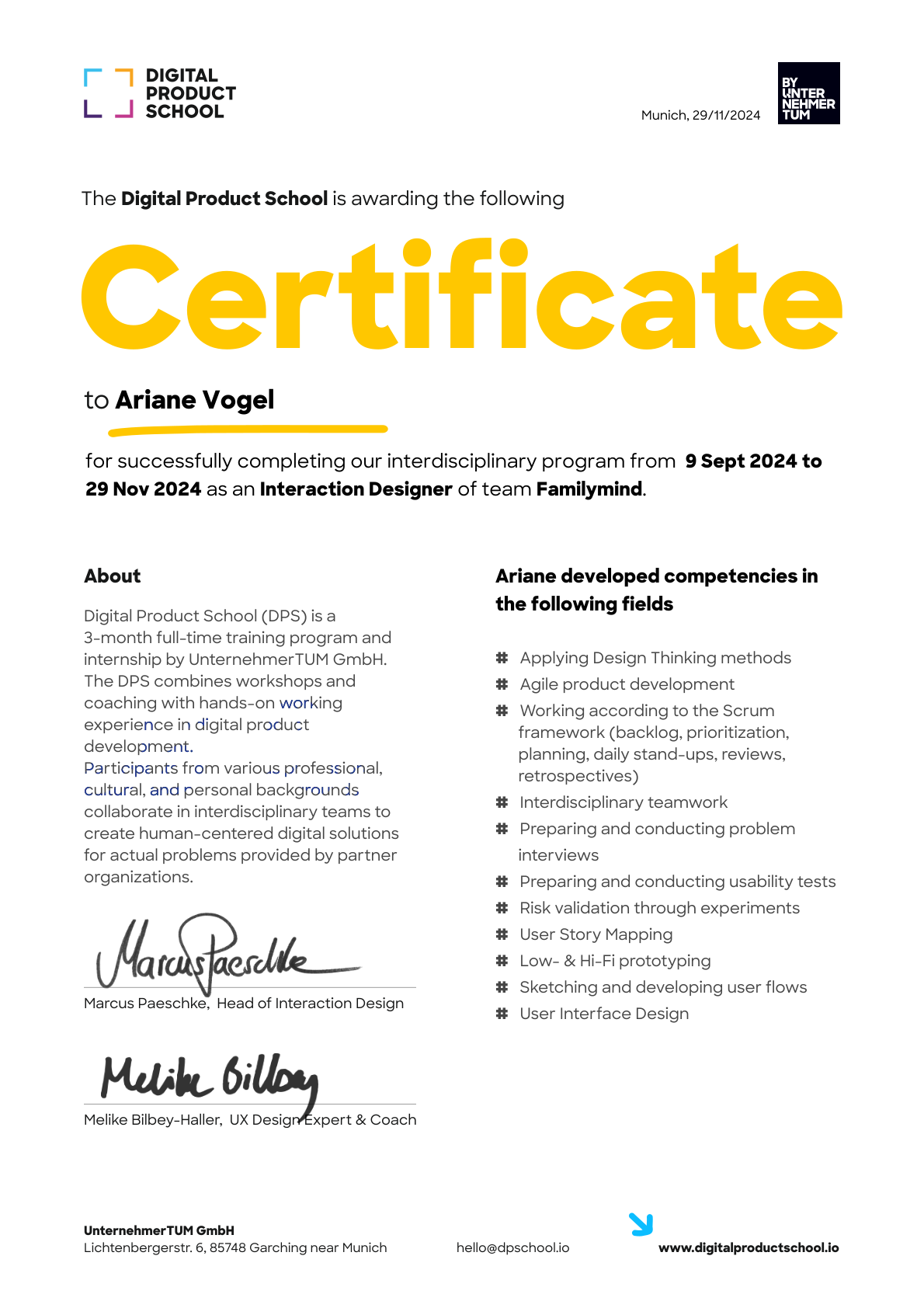 Preview of the certificate