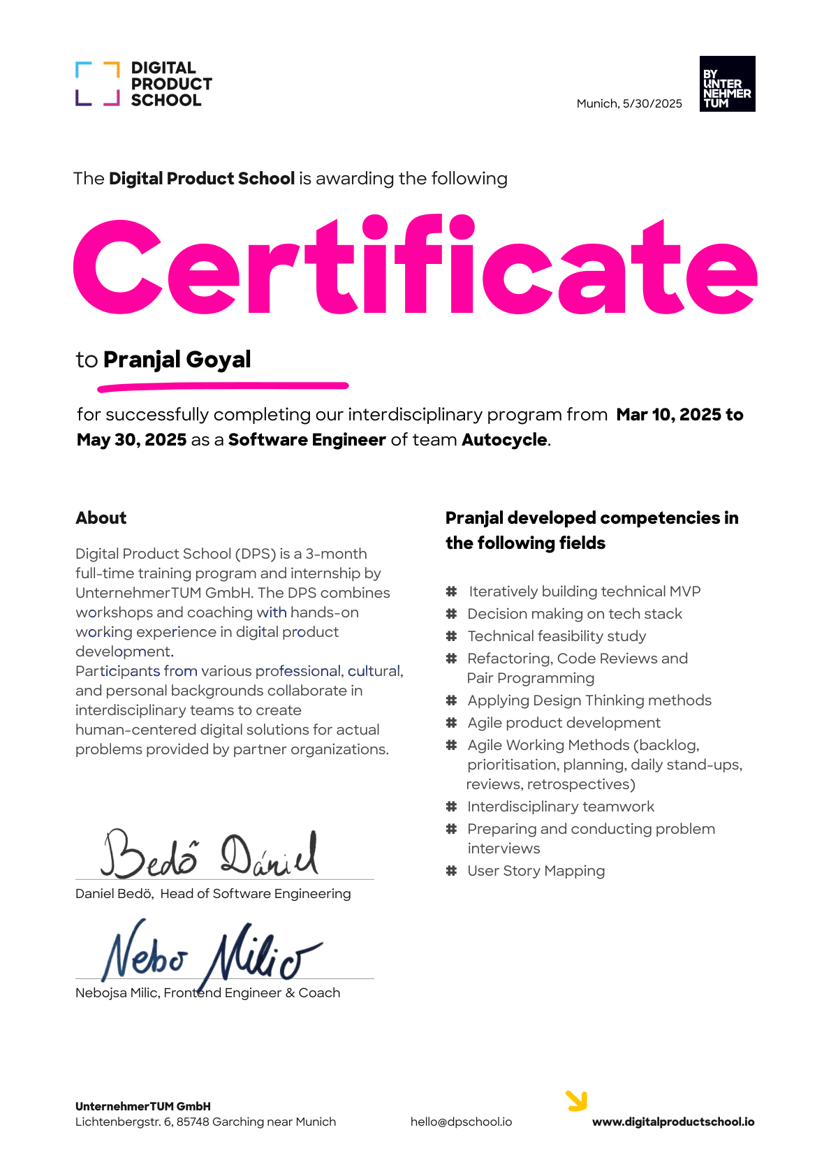 Preview of the certificate